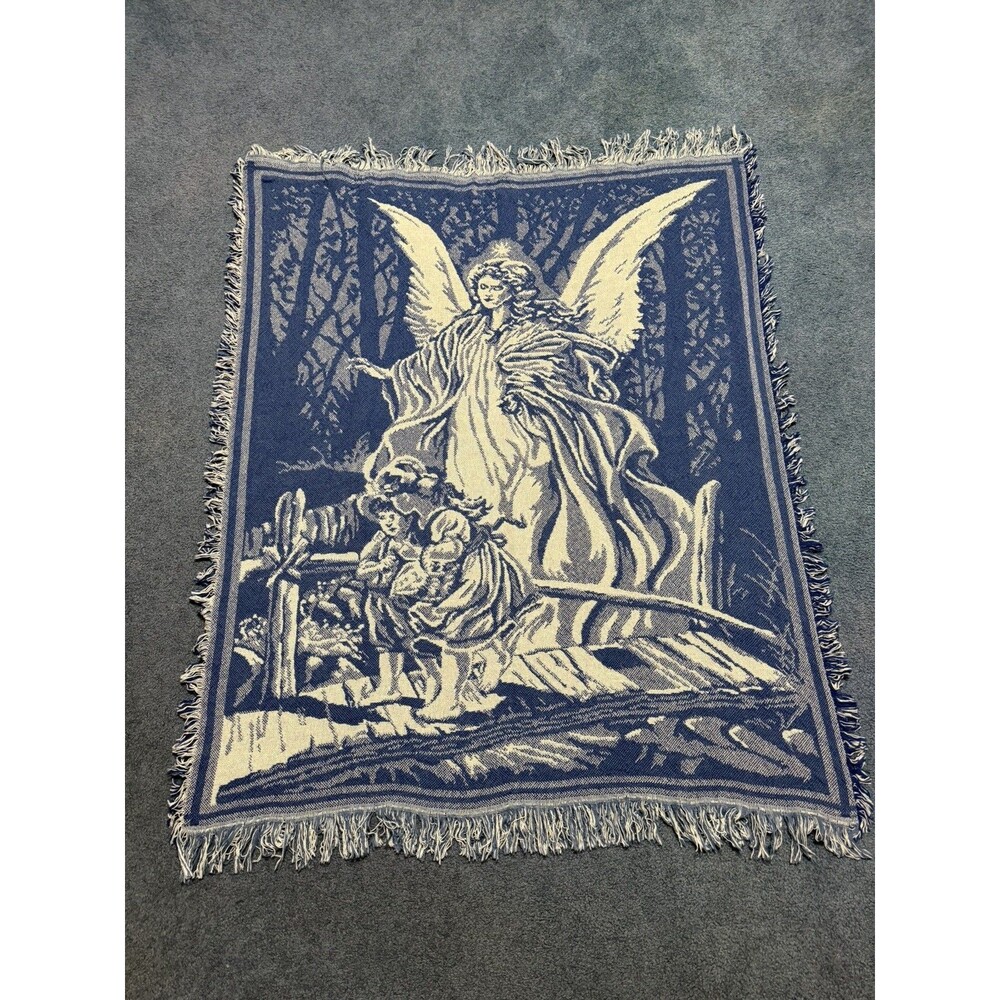 Vintage Angel Guardian Woven Throw Blanket Reversible Tapestry Fringe Blue White